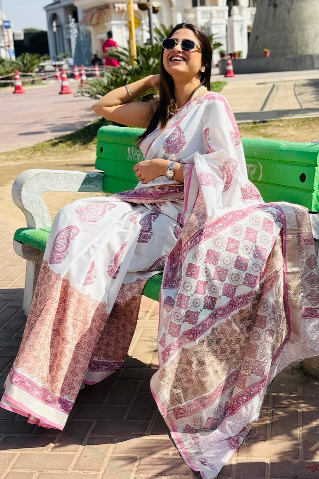 Pearl White Paisley Hand-Block Art Silk Saree
