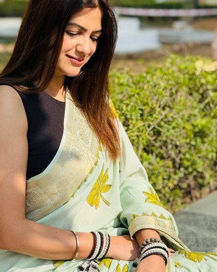 Lotus Garden Mint Green Dola Silk Saree
