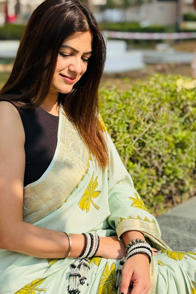 Lotus Garden Mint Green Dola Silk Saree