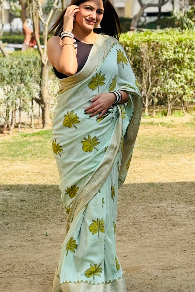 Lotus Garden Mint Green Dola Silk Saree