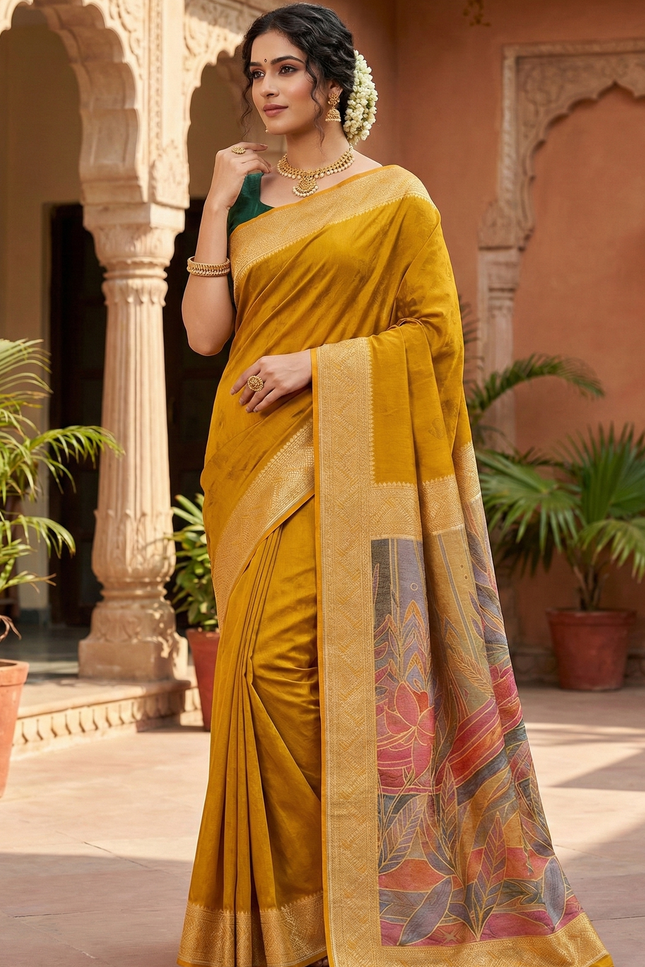 Woman in a yellow saree with a colorful border standing in an outdoor setting.
