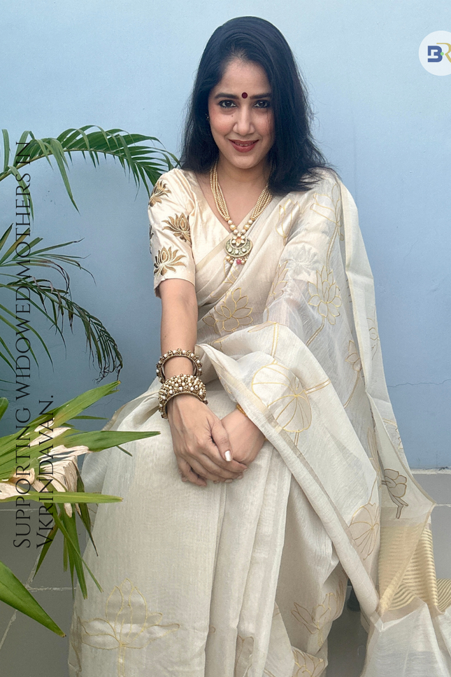 Shwet Raas White Tissue Linen Banarasi Saree