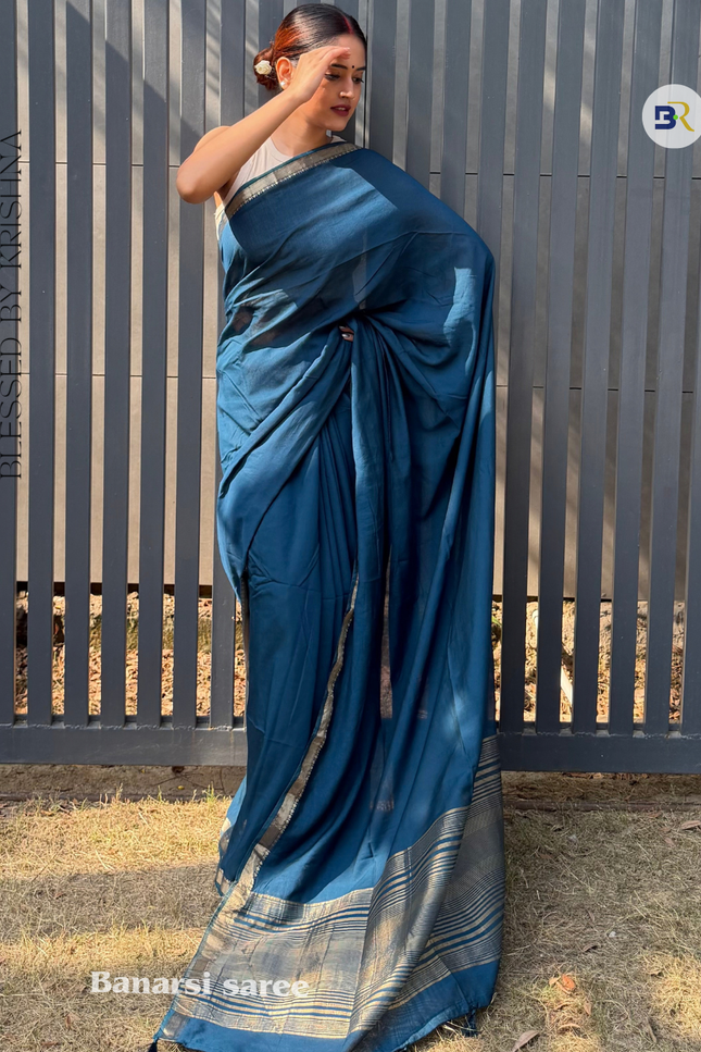 Braj Rani Teal Blue Banarasi Saree