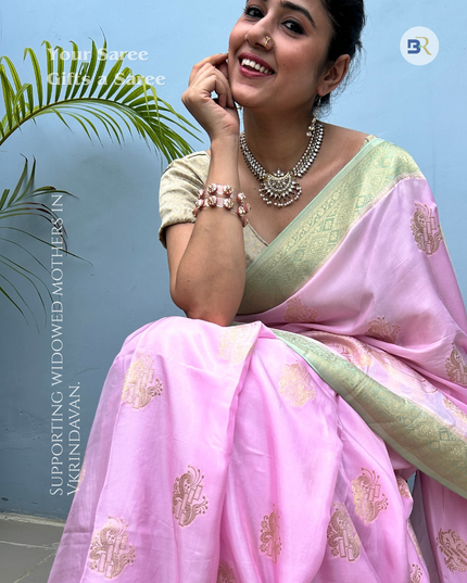 Kumudvan Pink & Pista Banarasi Crepe Saree