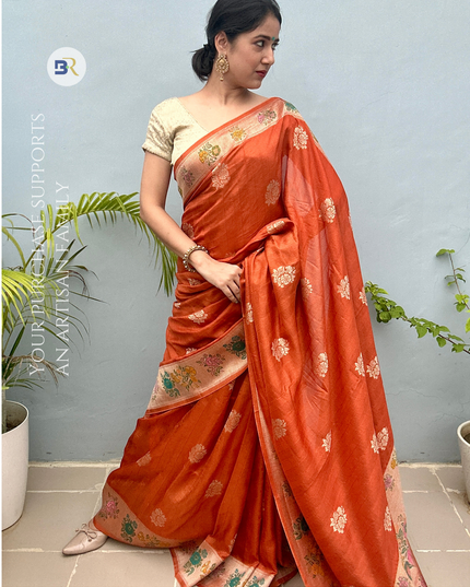 Vraj Rasika Tussar Banarasi Orange Saree
