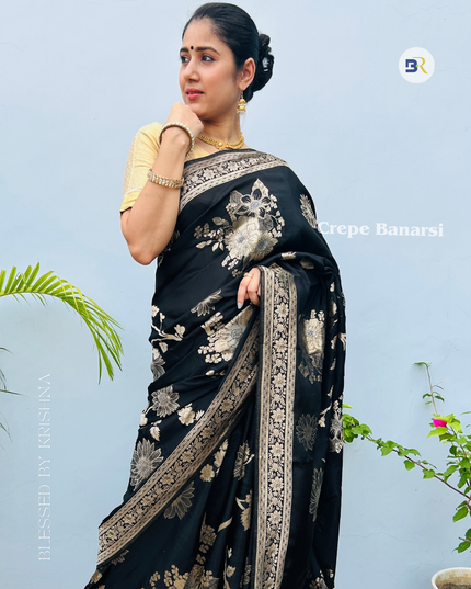 Raasvarn Black Banarasi Crepe Saree