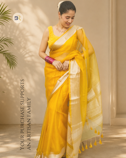 Snehlata Krishna Yellow Banarasi Organza Saree