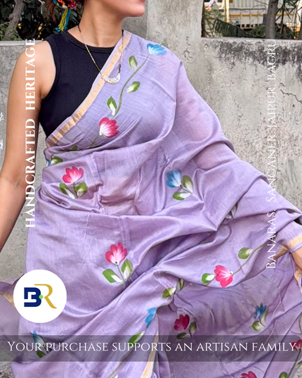 Vrindavan Pushp Chanderi Silk Hand Painted Saree
