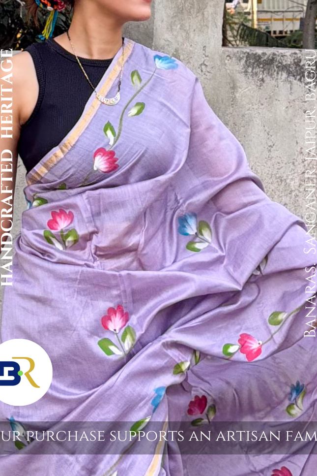 Vrindavan Pushp Chanderi Silk Hand Painted Saree