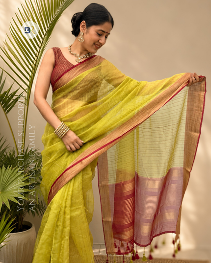 Krishn Shriya Green Kora Jute Banarasi Saree