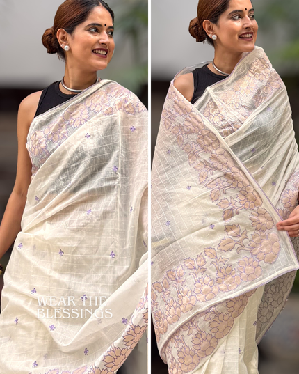 Shyama Sakhi White Chanderi with Lavendar Applique Saree