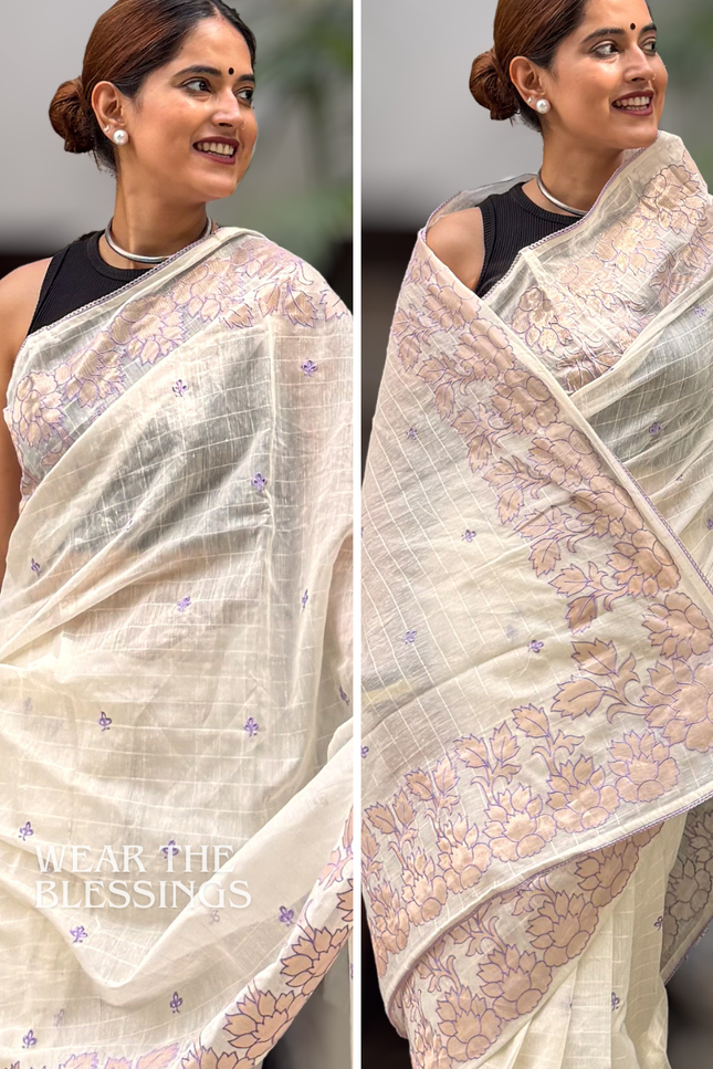 Shyama Sakhi White Chanderi with Lavendar Applique Saree