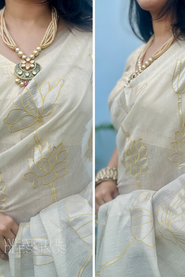 Shwet Raas White Tissue Linen Banarasi Saree