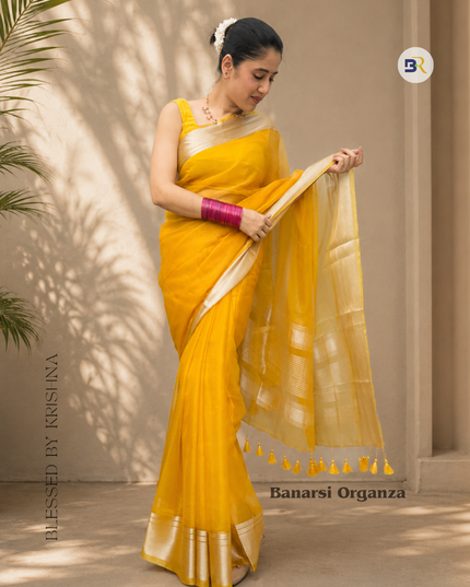 Snehlata Krishna Yellow Banarasi Organza Saree