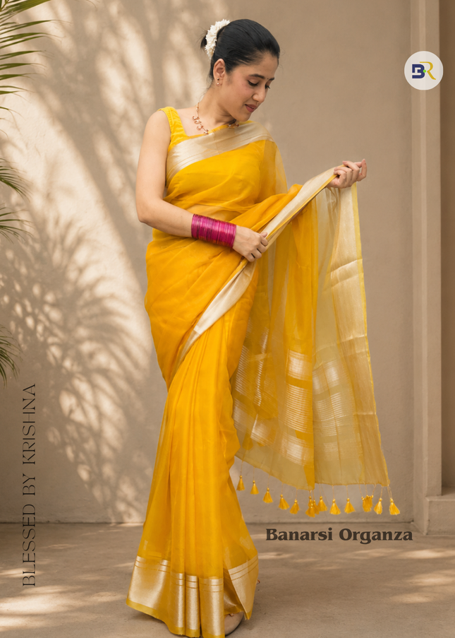 Snehlata Krishna Yellow Banarasi Organza Saree