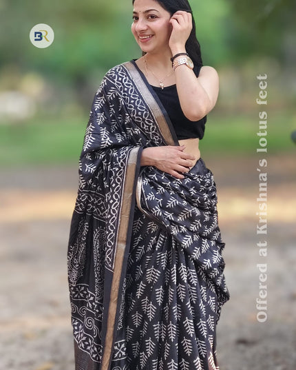 Achyuta Keshav Black Silk Handblock Saree