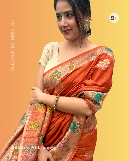 Vraj Rasika Tussar Banarasi Orange Saree