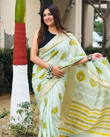 Lotus Garden Mint Green Dola Silk Saree