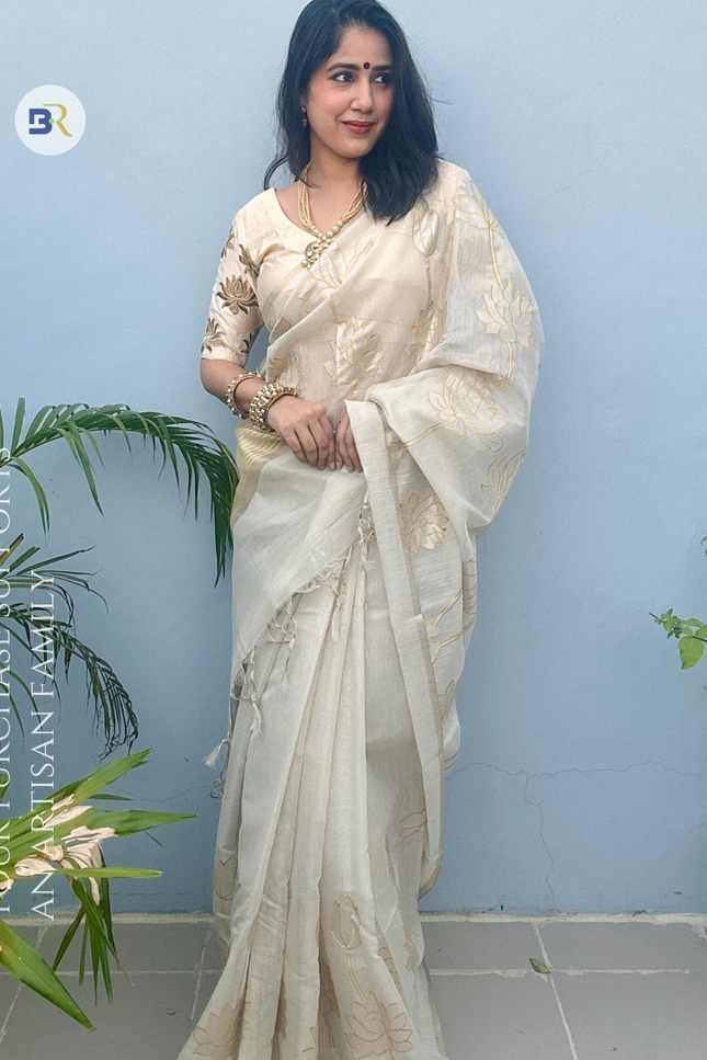 Shwet Raas White Tissue Linen Banarasi Saree