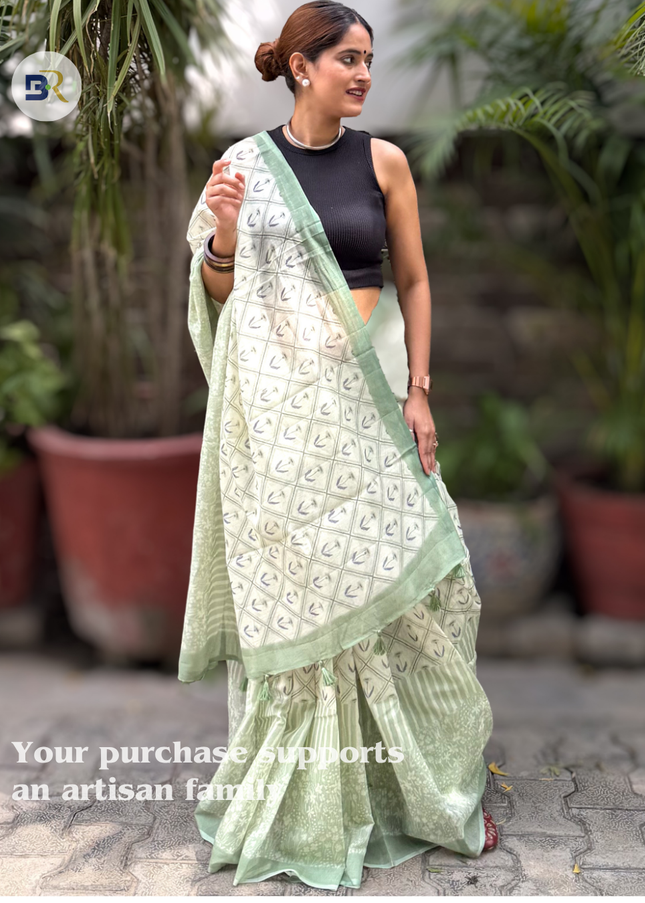 Chandramukhi Krishna Green Print Chanderi Saree