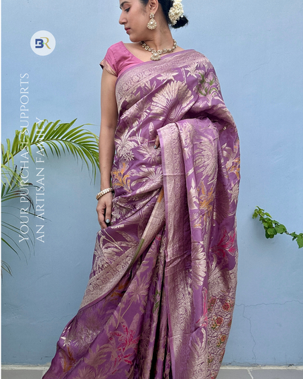 Krishna Bhav Violet Banarasi Crepe Saree