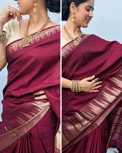 Madhavika Maroon Temple Border Banarasi Saree