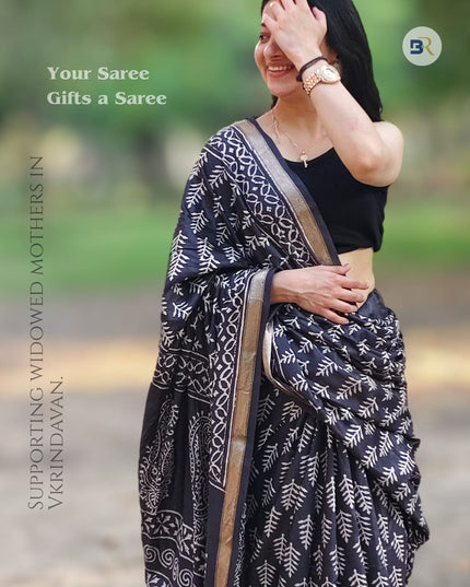 Achyuta Keshav Black Silk Handblock Saree