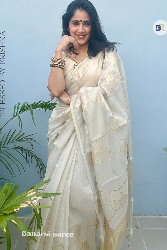 Shwet Raas White Tissue Linen Banarasi Saree