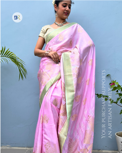 Kumudvan Pink & Pista Banarasi Crepe Saree