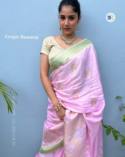 Kumudvan Pink & Pista Banarasi Crepe Saree