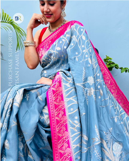 Bahulavana Blue Banarasi Crepe Saree