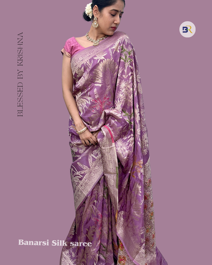 Krishna Bhav Violet Banarasi Crepe Saree