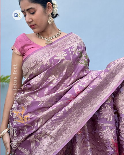 Krishna Bhav Violet Banarasi Crepe Saree