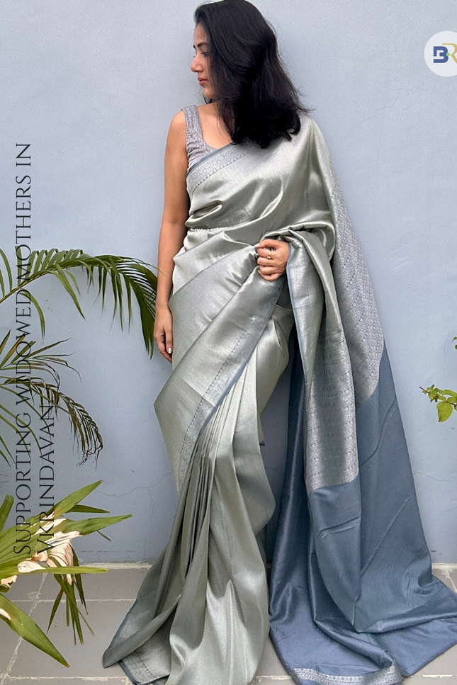 Radha Madan Mohan Grey Kanjivaram Saree