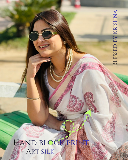 Pearl White Paisley Hand-Block Art Silk Saree