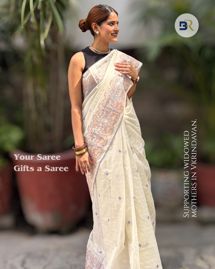 Shyama Sakhi White Chanderi with Lavendar Applique Saree