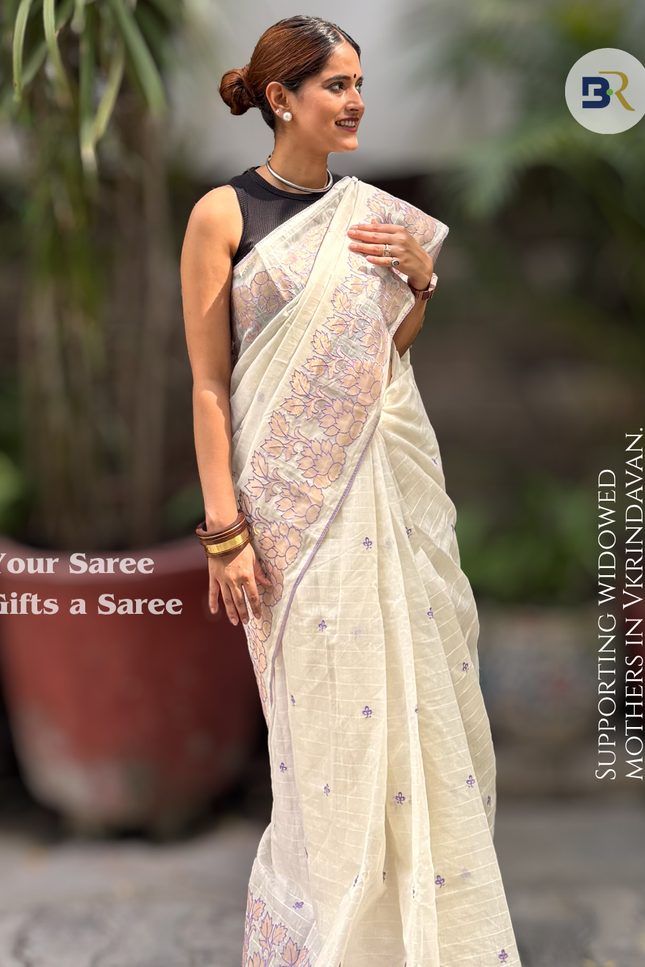 Shyama Sakhi White Chanderi with Lavendar Applique Saree