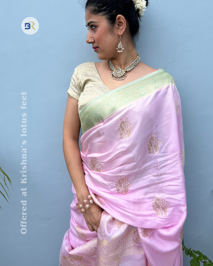 Kumudvan Pink & Pista Banarasi Crepe Saree