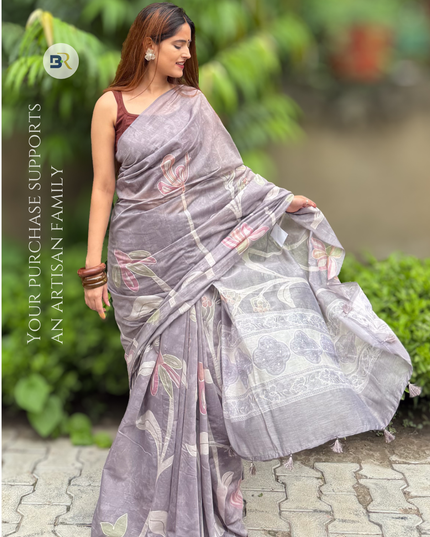 Tulsimala Lavender Grey Chanderi Saree