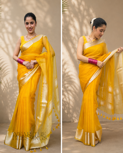 Snehlata Krishna Yellow Banarasi Organza Saree