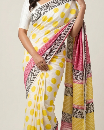 Mul Cotton Saree Sunshine Polka