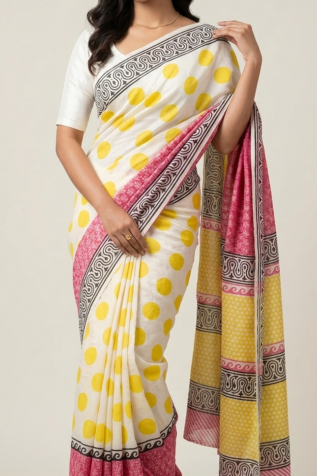 Mul Cotton Saree Sunshine Polka