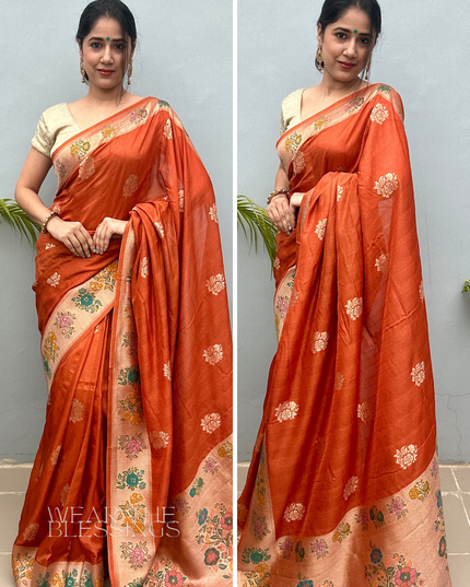 Vraj Rasika Tussar Banarasi Orange Saree