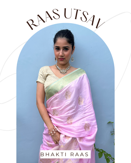 Kumudvan Pink & Pista Banarasi Crepe Saree