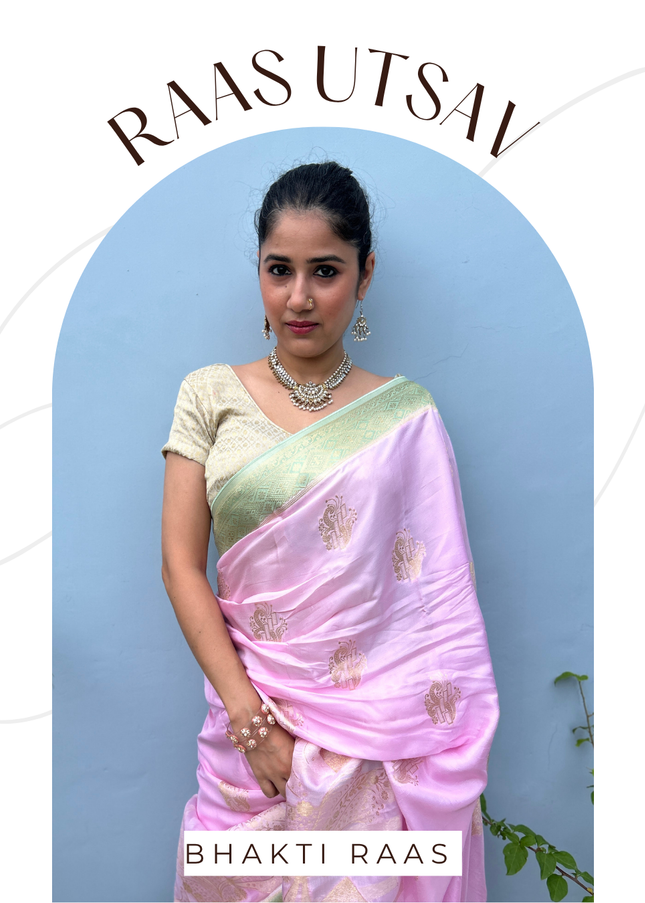 Kumudvan Pink & Pista Banarasi Crepe Saree