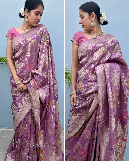 Krishna Bhav Violet Banarasi Crepe Saree