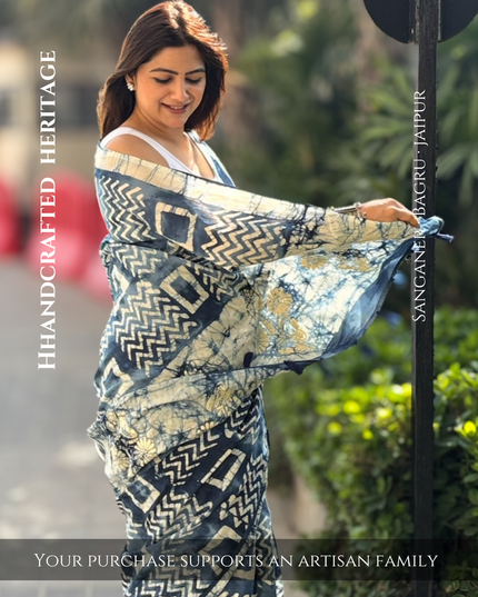 Shyam Blue Geometric Hand-Block Cotton Saree