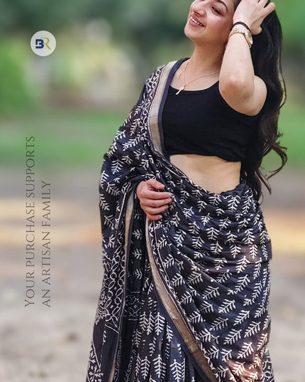 Achyuta Keshav Black Silk Handblock Saree