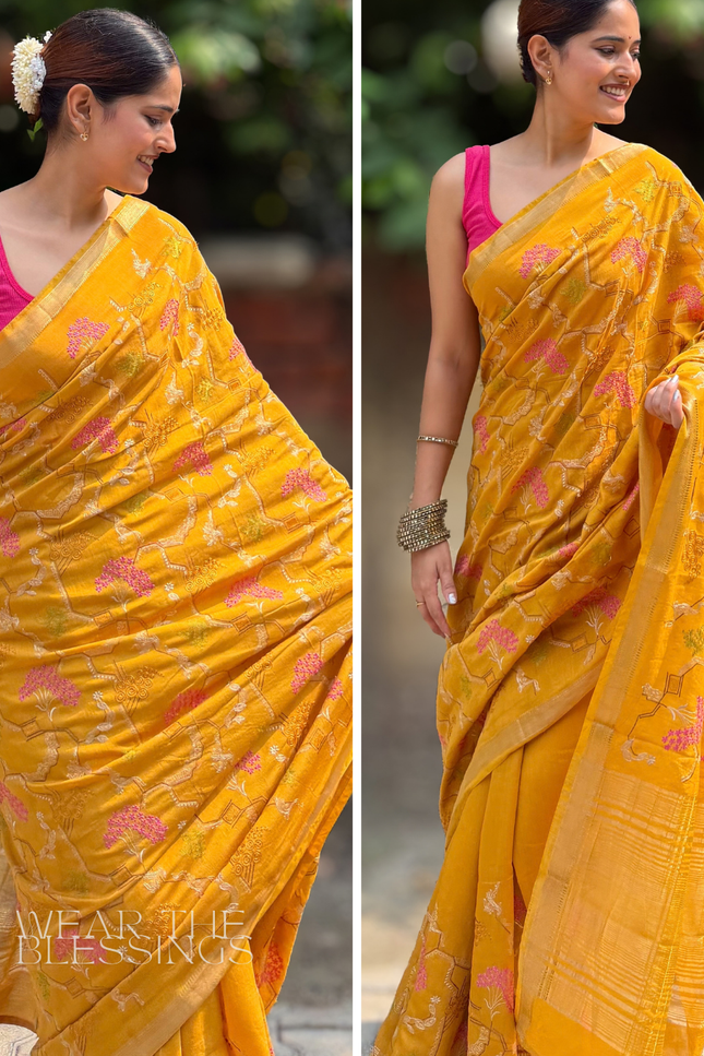 Peeli Pokhar Silk Embroidered Saree