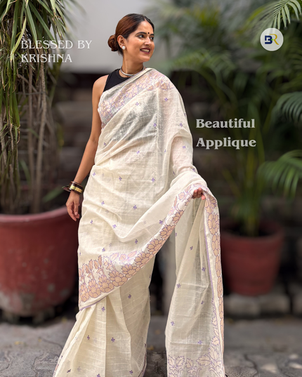 Shyama Sakhi White Chanderi with Lavendar Applique Saree